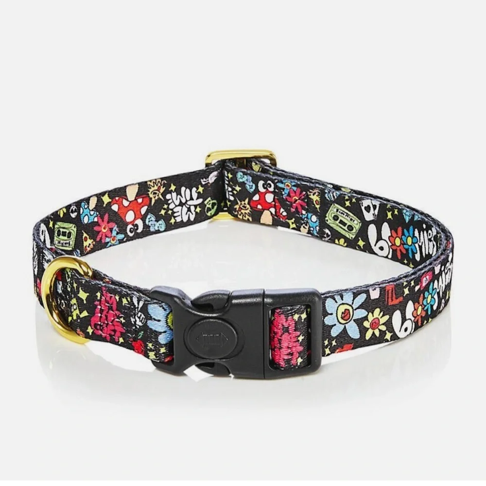 bloomies‎ New Black Colorful Doodle Fabric Dog Collar Small Goldtone Buckle